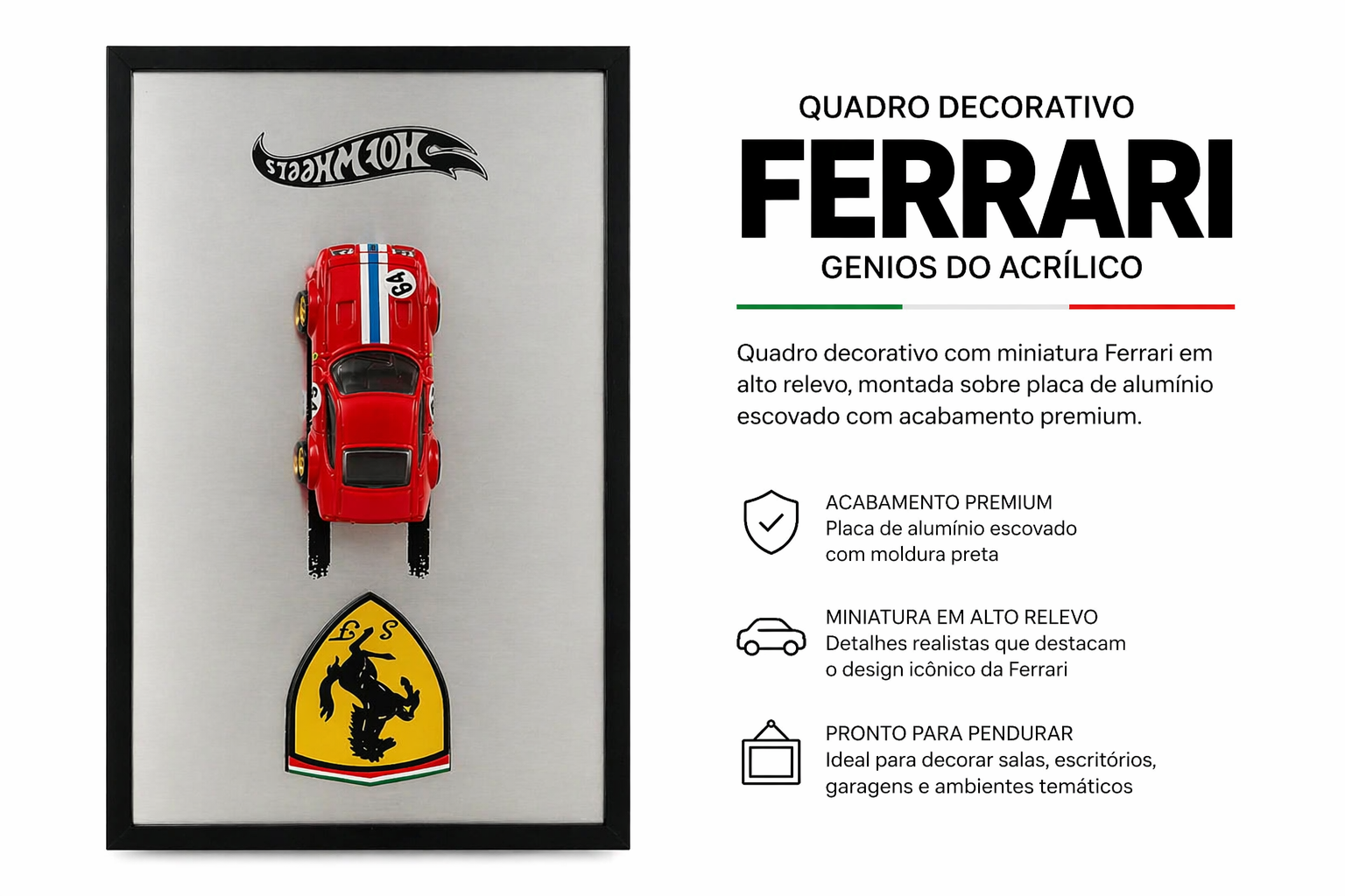 Quadro Decorativo Ferrari 3D Premium – Miniatura em Alto Relevo | Gênios do Acrílico