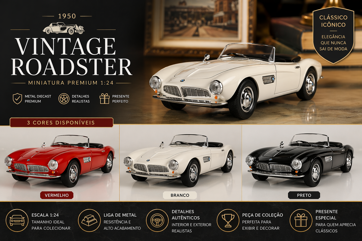 Miniatura Roadster Vintage 1950 1:24 em Metal Diecast – Edição Clássica