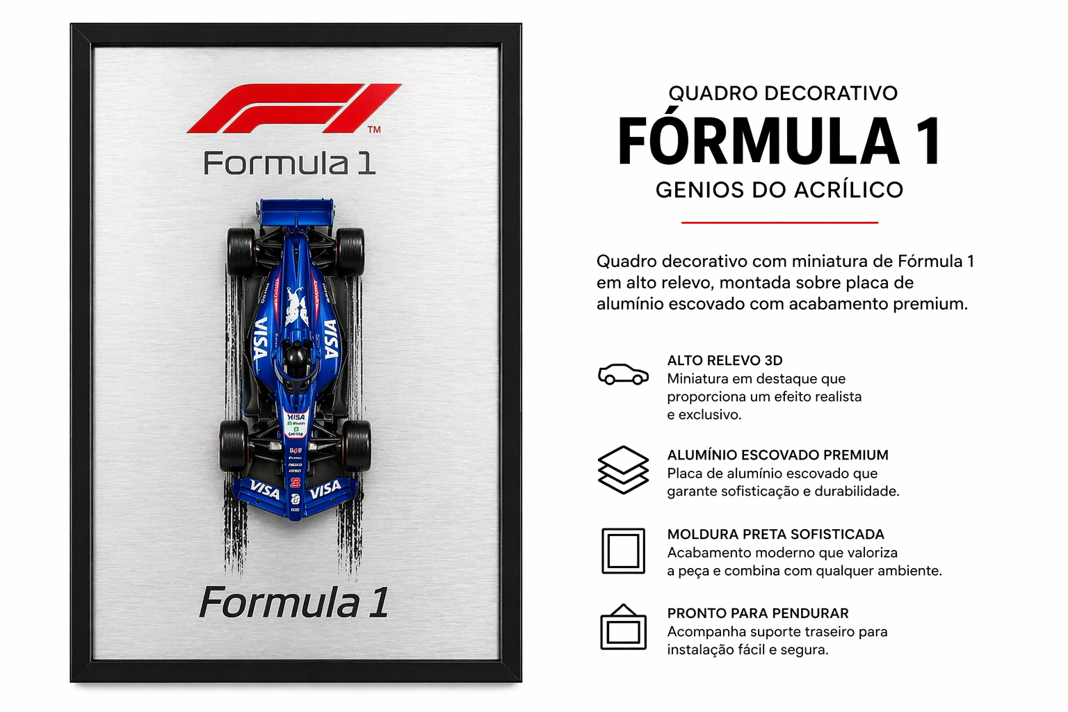 Quadro Fórmula 1 3D Premium – Miniatura em Alto Relevo | Gênios do Acrílico