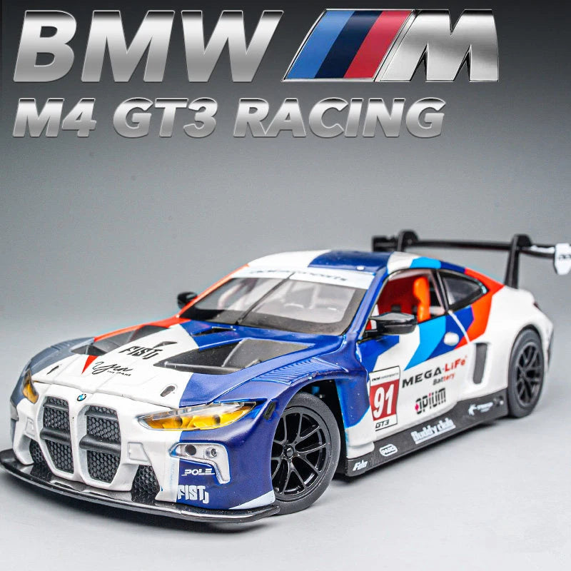 Miniatura BMW M4 GT3 1:24 – Edição Racing Premium em Metal com Som e Iluminação